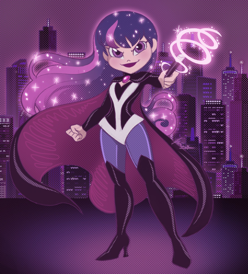 1girl black_footwear boots cape city city_lights comic_background dc_comics dc_super_hero_girls egitojuniior full_body highres holding holding_wand looking_at_viewer magic purple_background purple_eyes purple_hair skyline smile sparkle standing superhero tower wand zatanna_zatara