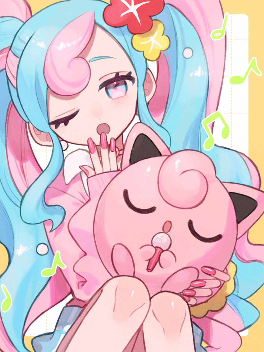 1girl cardigan closed_eyes earrings fairy_miku_(project_voltage) flower hair_flower hair_ornament hatsune_miku highres holding holding_microphone jewelry jigglypuff long_hair microphone multicolored_hair musical_note nail_polish one_eye_closed pink_cardigan pink_nails pokemon pokemon_(creature) project_voltage twintails two-tone_hair umenoki_01 very_long_hair vocaloid yawning