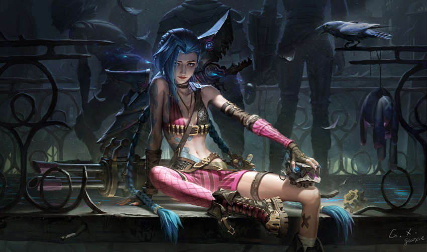 1girl absurdres arcane:_league_of_legends arm_tattoo artist_name asymmetrical_bangs bare_shoulders belt bird black_gloves blue_eyes blue_hair blue_nails bomb braid brown_belt brown_footwear bullet_necklace chest_tattoo closed_mouth explosive fence fingerless_gloves fingernails gloves gun guoxue highres holding holding_bomb indoors jinx_(league_of_legends) league_of_legends long_hair looking_at_viewer multiple_belts navel people sitting solo_focus stomach_tattoo stuffed_animal stuffed_toy tattoo twin_braids very_long_hair weapon