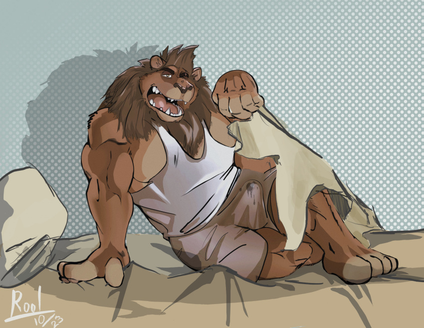 2023 4_toes anthro biceps bodily_fluids bottomwear brown_body brown_fur brown_mane bulge clothed clothing digital_media_(artwork) erection eyebrows feet felid fully_clothed fur genital_fluids hi_res lion male mammal mane morning_wood muscular muscular_anthro muscular_male open_mouth pantherine pecs pillow precum precum_through_clothing roolthelion rudo_(character) shirt shorts solo tan_body tan_fur tank_top teeth tenting toes tongue topwear waking_up wet wet_clothing