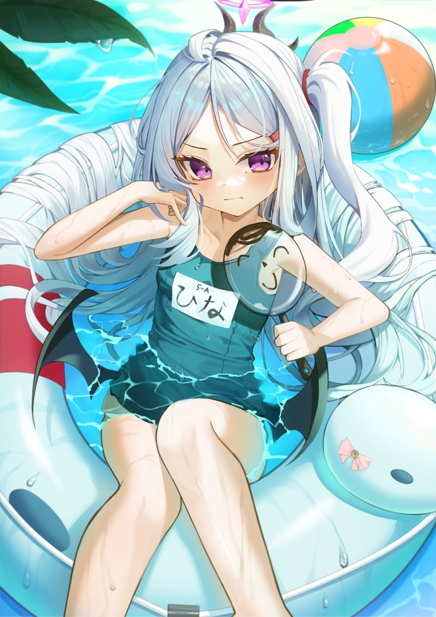 1girl absurdres arona's_sensei_doodle_(blue_archive) ball beachball black_horns black_one-piece_swimsuit black_wings blue_archive blush character_name closed_mouth demon_girl demon_horns demon_wings halo hand_fan hand_in_own_hair highres hina_(blue_archive) hina_(swimsuit)_(blue_archive) holding holding_fan horns leaf long_hair looking_at_viewer maeng-i_(meng-e) multiple_horns official_alternate_costume on_innertube one-piece_swimsuit one_side_up parted_bangs purple_eyes purple_halo sensei_(blue_archive) solo swimsuit v-shaped_eyebrows very_long_hair wet wet_clothes wet_swimsuit white_hair white_innertube wings