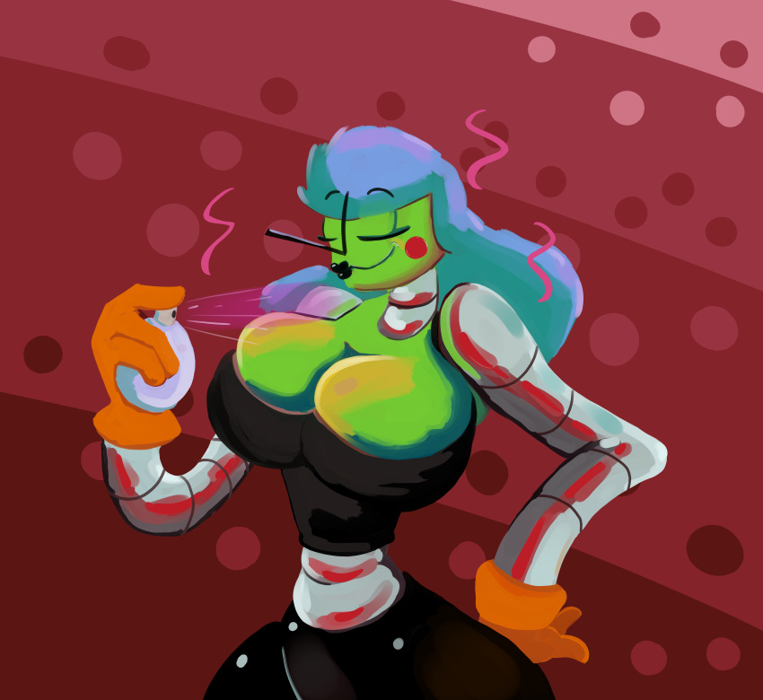 absurd_res big_breasts black_lipstick breasts clothing dietdrrobo female generika gloves green_body green_skin handwear hi_res humanoid lipstick machine makeup metallic_body perfume red_background robot simple_background solo stink_lines