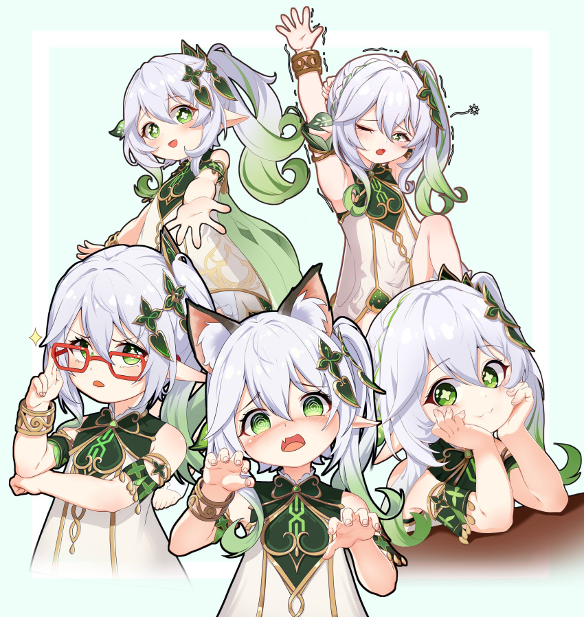 1girl :3 @_@ absurdres animal_ear_fluff animal_ears arm_up armpits blush bracelet cape cross-shaped_pupils detached_sleeves dress fang female_child genshin_impact glasses gradient_hair green_cape green_eyes green_hair hair_between_eyes hair_ornament head_rest highres jewelry leaf_hair_ornament long_hair looking_at_viewer monmo_mu multicolored_hair multiple_views nahida_(genshin_impact) open_mouth outstretched_arms pointy_ears red-framed_eyewear side_ponytail sidelocks simple_background skin_fang sleeveless sleeveless_dress smile sparkle stretching symbol-shaped_pupils v-shaped_eyebrows white_background white_dress white_hair