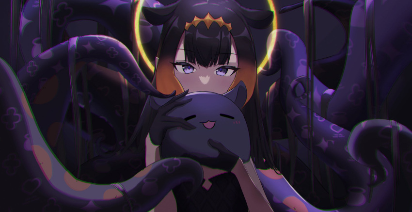 1girl black_gloves blunt_bangs commentary diamond_hairband gloves gradient_hair halo highres holding hololive hololive_english long_hair looking_at_viewer multicolored_hair ninomae_ina'nis octopus open_mouth orange_hair pointy_ears purple_eyes purple_hair ryoya sidelocks smile takodachi_(ninomae_ina'nis) tentacle_hair tentacles very_long_hair virtual_youtuber