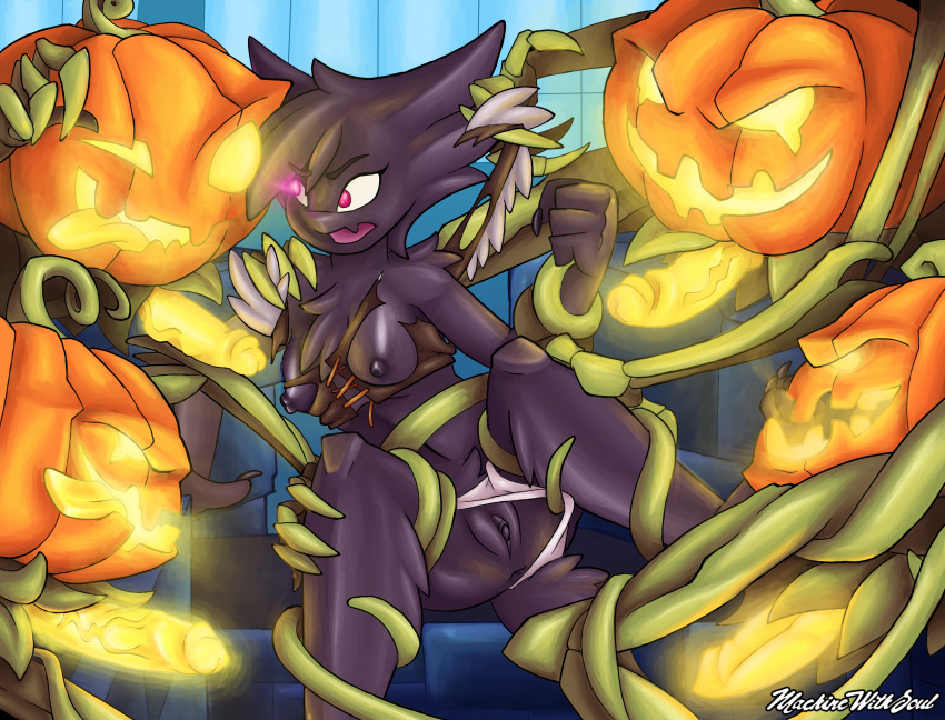 2018 alternate_version_at_source anthro anus areola aria_(killalotus119) biped black_body black_hair breasts chest_tuft claws clitoris clothing clothing_aside costume erection eyebrows female female_focus fist generation_1_pokemon genitals glans glowing glowing_eyes glowing_genitalia glowing_penis group hair halloween haunter hi_res holidays humanoid_genitalia humanoid_penis imminent_rape jack-o'-lantern looking_at_another lying machinewithsoul mostly_nude navel night nintendo nipples on_back open_mouth panties panties_aside pawpads penis pink_eyes plant plant_tentacles plantigrade pokemon pokemon_(species) pubes pussy short_hair short_tail solo_focus tail toe_claws topwear torn_clothing tube_top tuft underwear underwear_aside white_clothing white_panties white_underwear yellow_penis