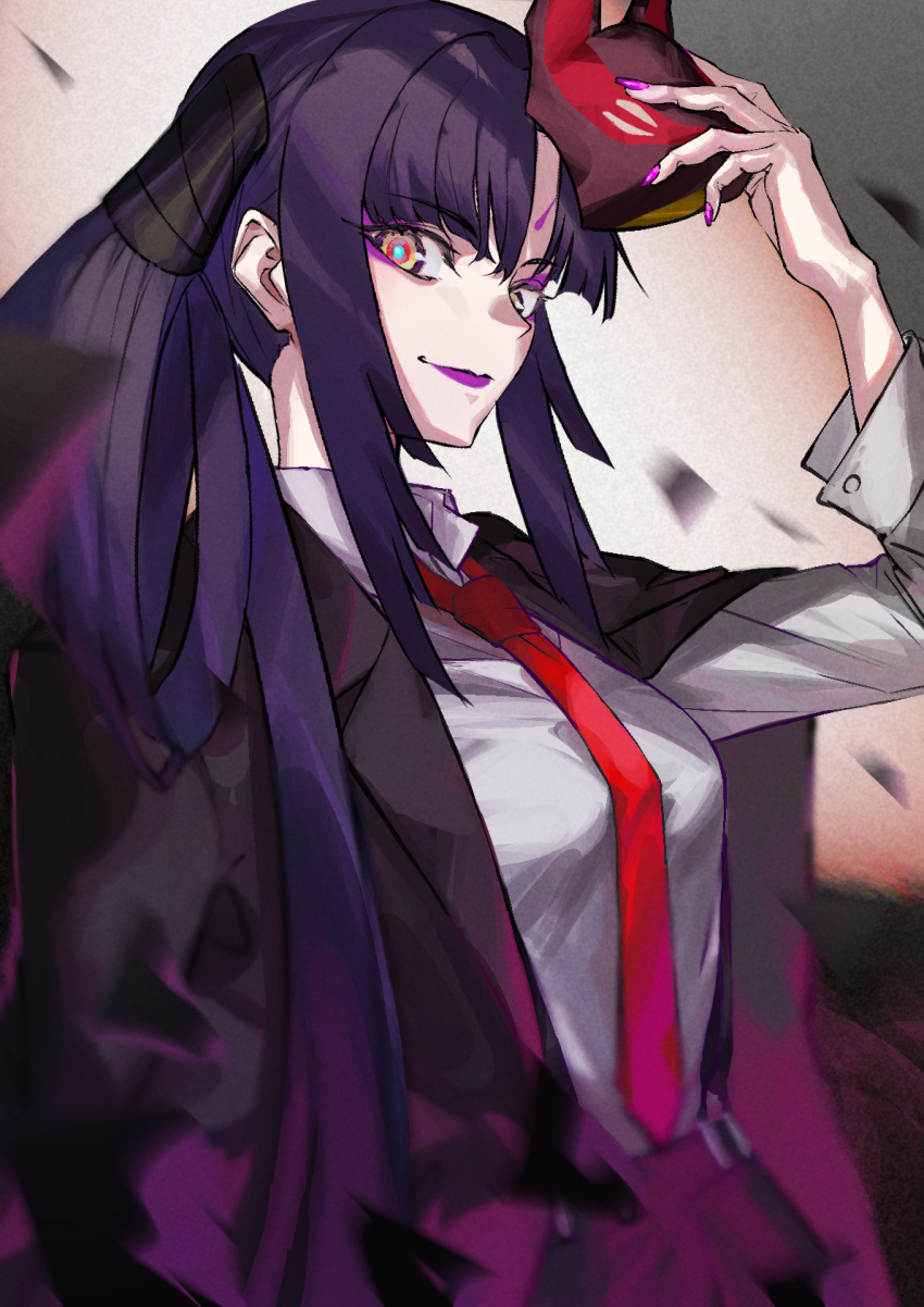 1girl azarashi_227 black_hair fate/grand_order fate_(series) fox_mask green_pupils highres long_hair mask multicolored_eyes necktie purple_lips purple_nails red_necktie shirt smile suit taira_no_kagekiyo_(fate) ushiwakamaru_(fate) white_shirt