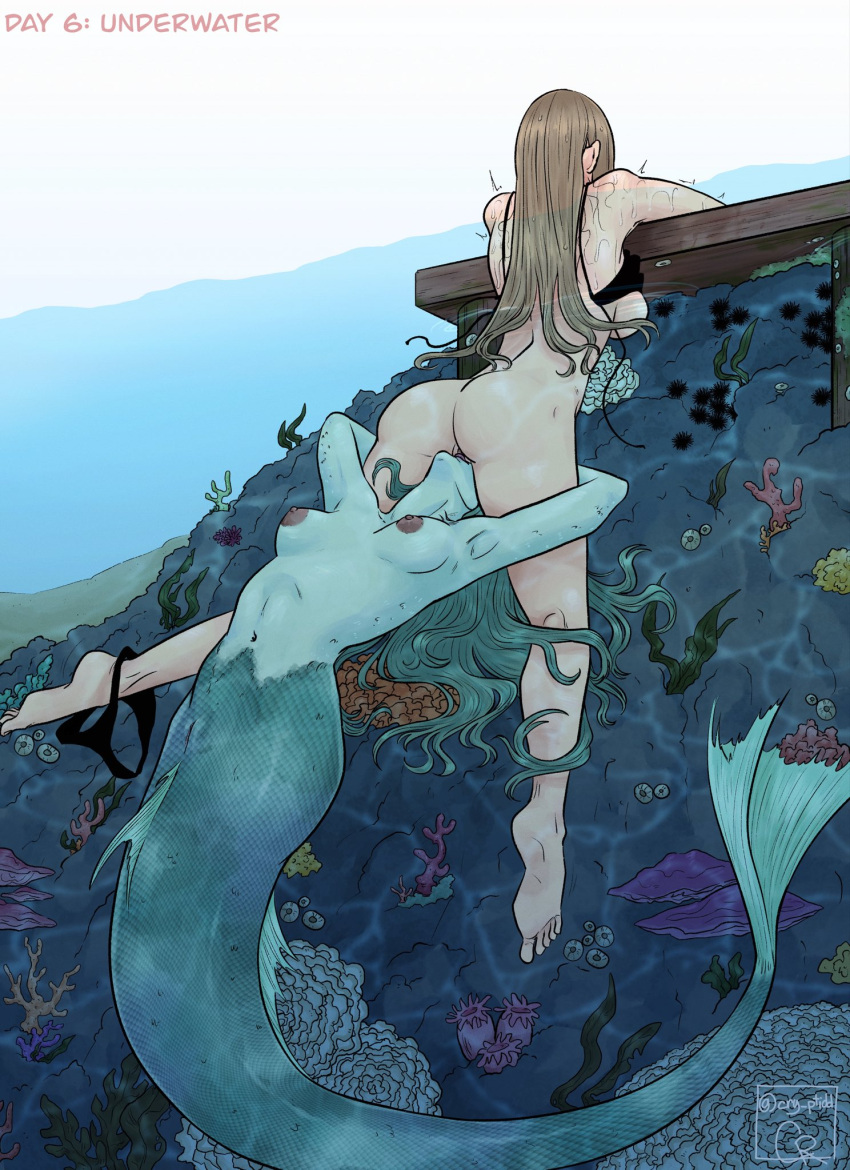 2girls ass back bikini_bottom_around_leg blonde_hair blue_hair breasts coral cry_ptidd cunnilingus fins fish_tail head_back highres interspecies long_hair mermaid monster_girl multiple_girls nipples oral original partially_underwater_shot pier pussy sea_anemone tail trembling undone_bikini yuri