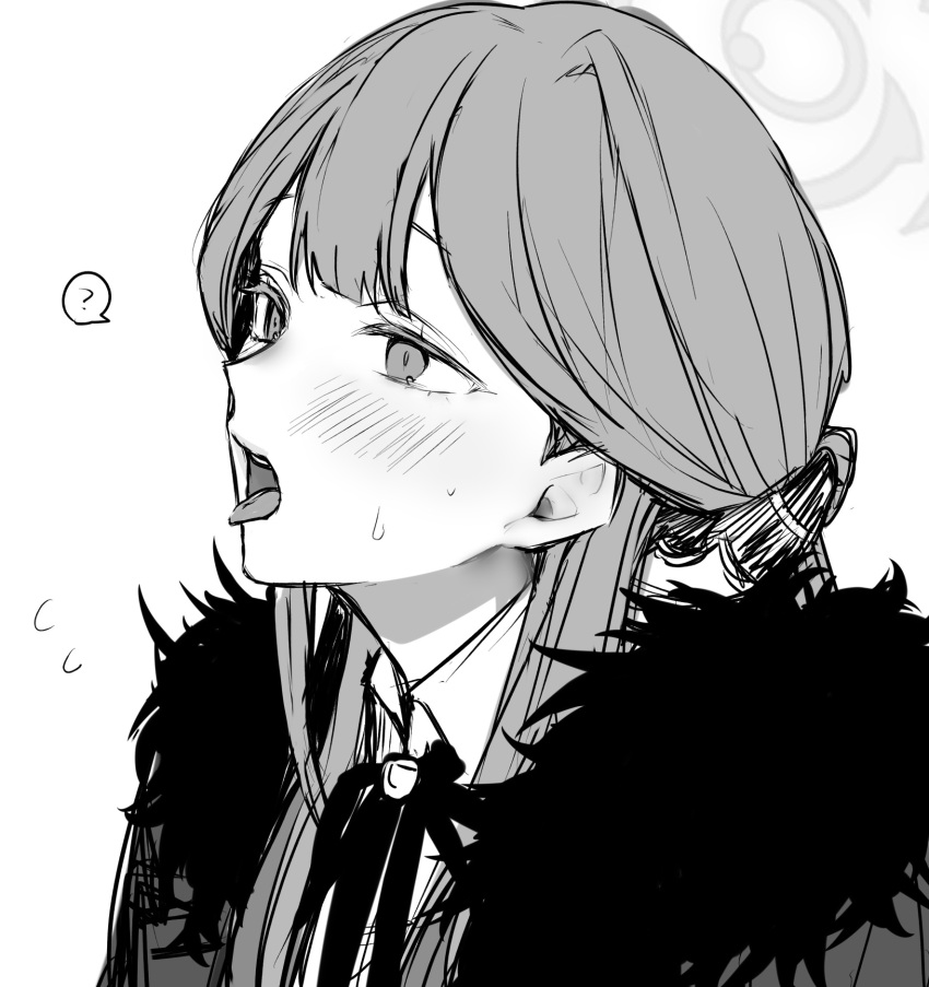 1girl ? aru_(blue_archive) blue_archive blush coat collared_shirt demon_horns fur-trimmed_coat fur_trim furrowed_brow greyscale hair_between_eyes halo highres horns inotukuhito long_hair monochrome neck_ribbon open_mouth ribbon shirt solo spoken_question_mark sweat teeth tongue tongue_out upper_body upper_teeth_only