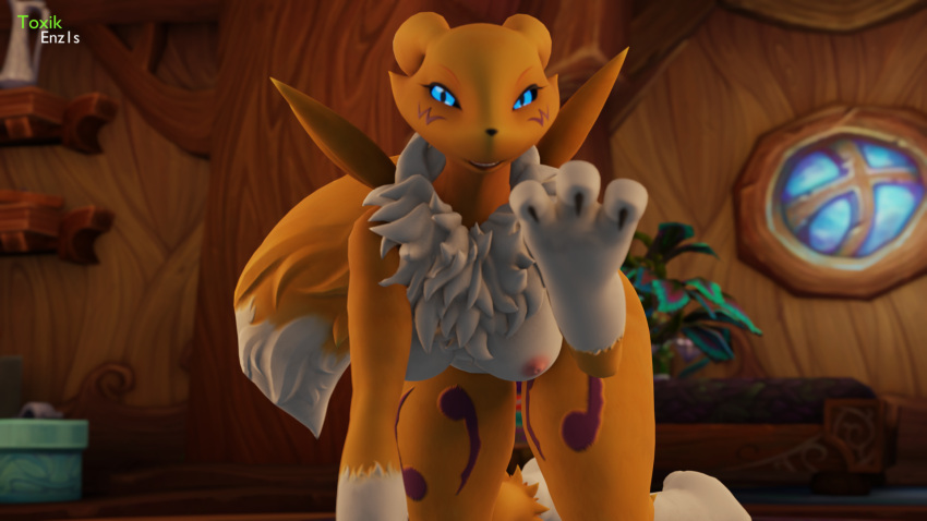 anthro bandai_namco big_breasts black_sclera blizzard_entertainment blue_eyes breasts canid canine clothing digimon digimon_(species) digital_media_(artwork) female fur genitals gloves handwear hi_res looking_at_viewer mammal multicolored_body nipples nude pussy renamon smile solo solo_focus toxik_enzis warcraft