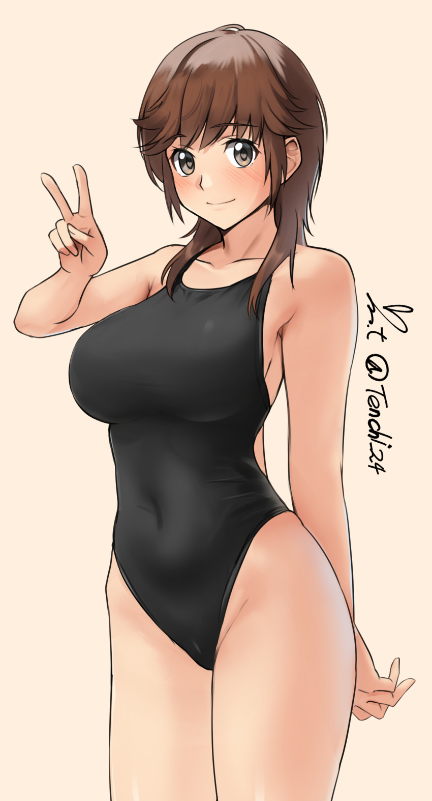 1girl amagami black_one-piece_swimsuit breasts brown_eyes brown_hair collarbone competition_swimsuit covered_navel cowboy_shot highres large_breasts looking_at_viewer medium_hair one-piece_swimsuit sakurai_rihoko sidelocks signature smile solo swimsuit twitter_username v yoo_tenchi