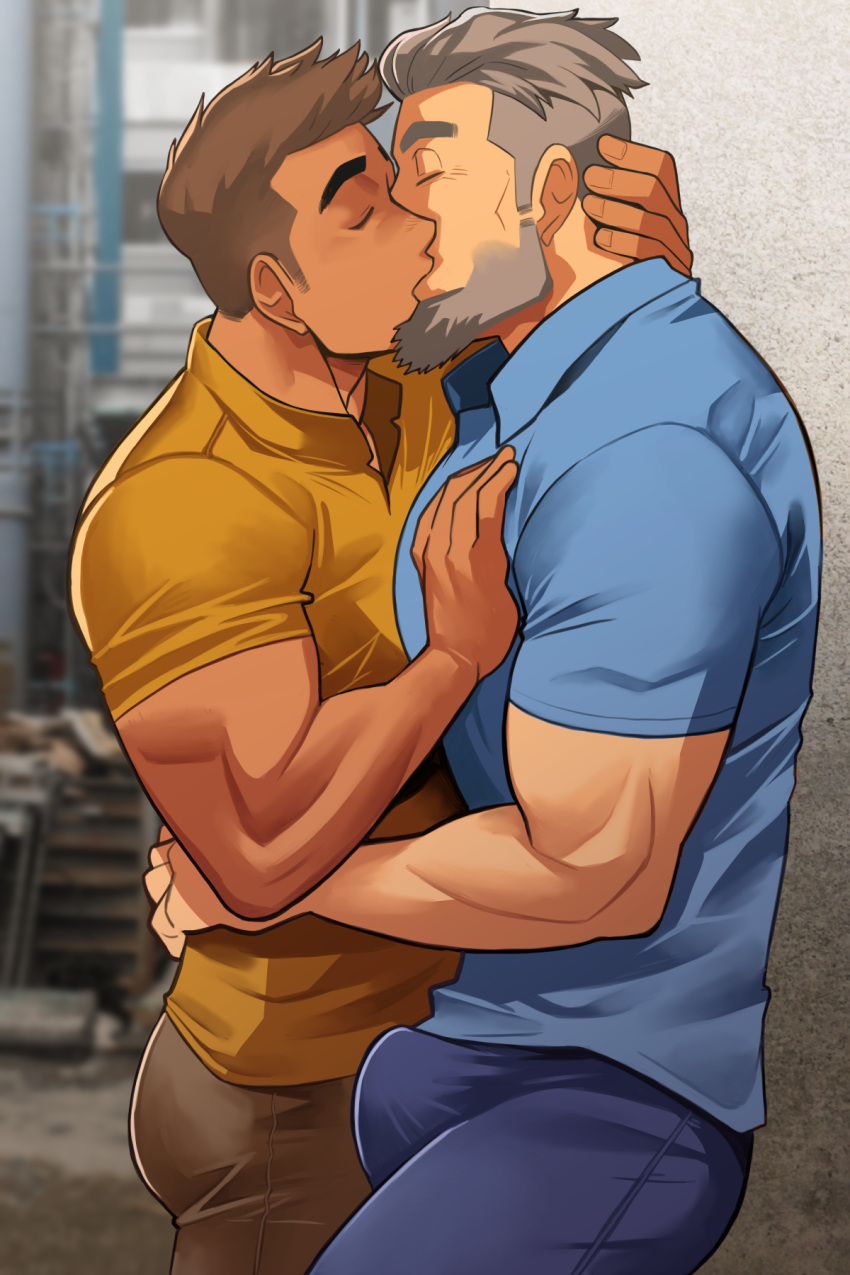 2boys against_wall bara beard bulge bulge_press closed_eyes couple dark-skinned_male dark_skin denim erection erection_under_clothes facial_hair foreplay from_side grabbing grey_hair highres jeans large_pectorals male_focus mature_male multiple_boys muscular muscular_male nakata_shunpei old old_man original pants pectoral_grab pectorals polo_shirt profile raised_eyebrows short_hair sideburns thick_eyebrows yaoi