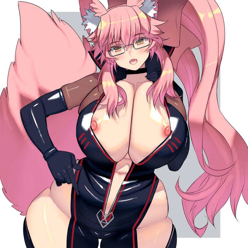 1girl absurdres animal_ear_fluff animal_ears black_bodysuit black_choker black_gloves bodysuit bow breasts choker commission elbow_gloves fate/grand_order fate_(series) fox_ears fox_girl fox_tail gigantic_breasts glasses gloves grey-framed_eyewear highres hip_vent koyanskaya_(assassin)_(first_ascension)_(fate) koyanskaya_(fate) looking_at_viewer masao navel nipple_slip nipples open_bodysuit open_clothes pink_bow pink_hair plump side_ponytail sidelocks skeb_commission solo tail tamamo_(fate) unzipped yellow_eyes