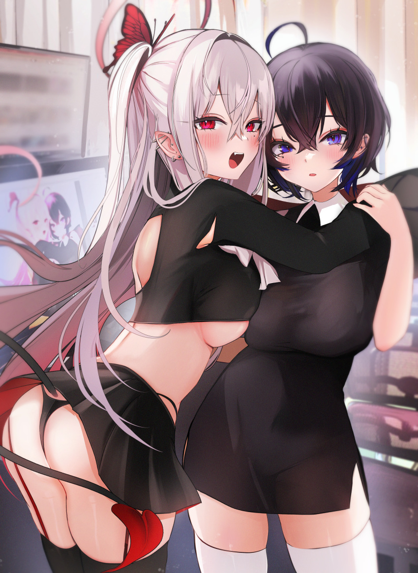 2girls :d absurdres ahoge ass asymmetrical_docking back_cutout black_dress black_hair black_panties black_skirt black_thighhighs blue_eyes blue_hair blush breast_press breasts butterfly_hair_ornament clothing_cutout collared_shirt colored_inner_hair cowboy_shot crop_top cropped_shirt curtains demon_girl demon_tail dress ear_piercing earrings from_behind hair_between_eyes hair_ornament hand_on_another's_shoulder highleg highleg_panties highres holding_another's_wrist indoors jewelry layered_clothes legs_apart long_hair long_sleeves looking_at_viewer looking_back medium_breasts miniskirt mole mole_under_eye monitor multicolored_hair multiple_girls niku_(hamuchang) one_side_up open_mouth original panties parted_lips piercing pleated_skirt raised_eyebrows red_eyes red_skirt shirt short_hair side_slit sidelocks skirt sleeveless sleeveless_dress smile stud_earrings tail teeth textless_version thighhighs thong torn_clothes torn_shirt two-sided_fabric two-sided_skirt underboob underwear upper_teeth_only white_hair white_thighhighs zettai_ryouiki