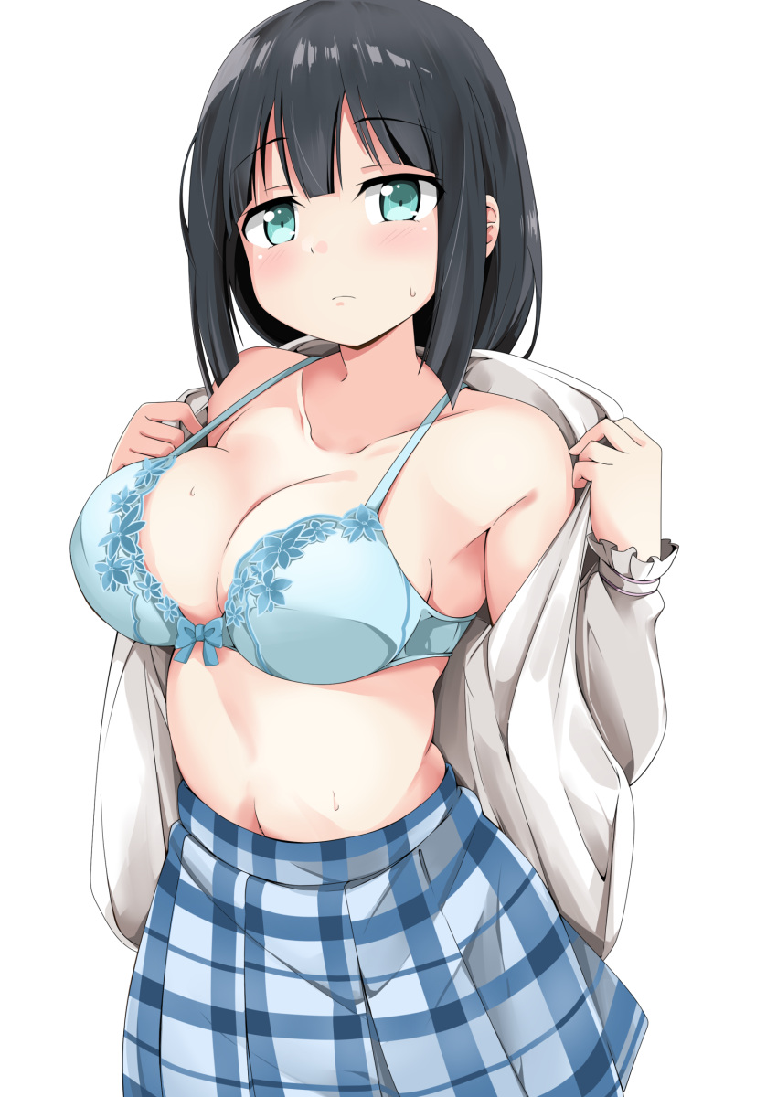 1girl absurdres bare_shoulders black_hair blue_bra blue_skirt blush bra breasts cleavage closed_mouth collarbone commentary_request green_eyes highres kanosawa large_breasts lingerie long_hair long_sleeves looking_at_viewer navel open_clothes open_shirt simple_background skirt solo standing tougou_mimori underwear white_background yuuki_yuuna_wa_yuusha_de_aru yuusha_de_aru