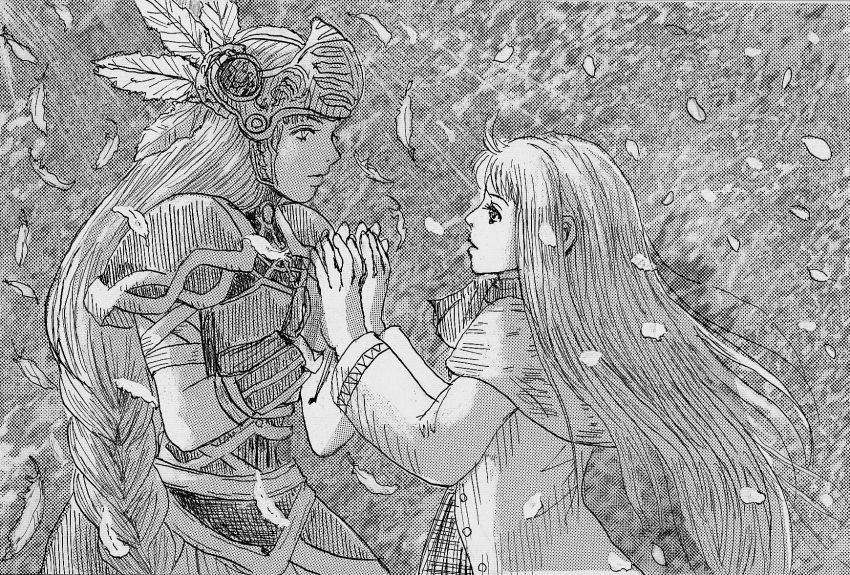 2girls armor armored_dress breastplate dual_persona feathers greyscale helmet highres lenneth_valkyrie long_hair low-braided_long_hair monochrome multiple_girls platina_(valkyrie_profile) shoulder_armor shoulder_pads tak-ter valkyrie valkyrie_profile winged_helmet