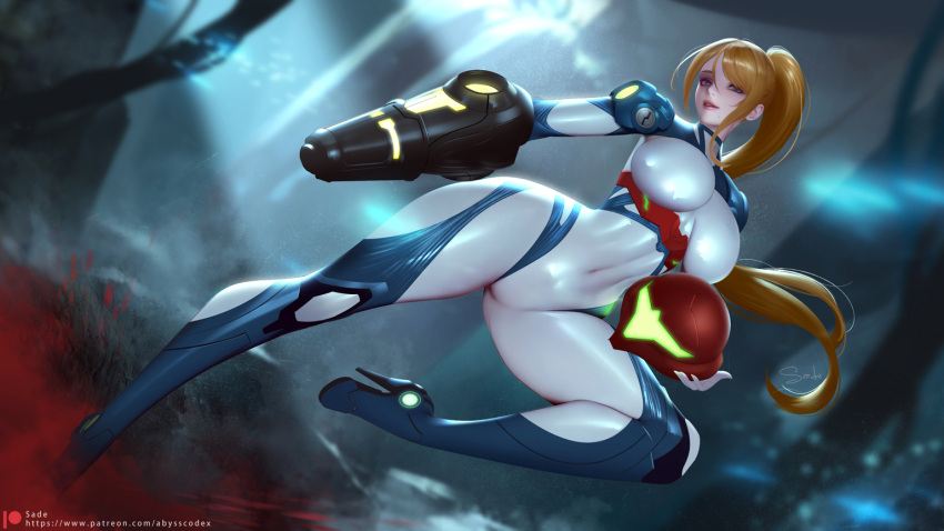 1girl adapted_costume arm_cannon armored_bodysuit blonde_hair blood blue_eyes bodysuit breasts covered_navel headwear_removed helmet helmet_removed high_heels holding holding_helmet impossible_bodysuit impossible_clothes large_breasts latex latex_bodysuit long_hair looking_at_viewer metroid metroid_dread mole mole_under_mouth ponytail power_suit_(metroid) sade_abyss samus_aran shiny_clothes signature solo stiletto_heels weapon