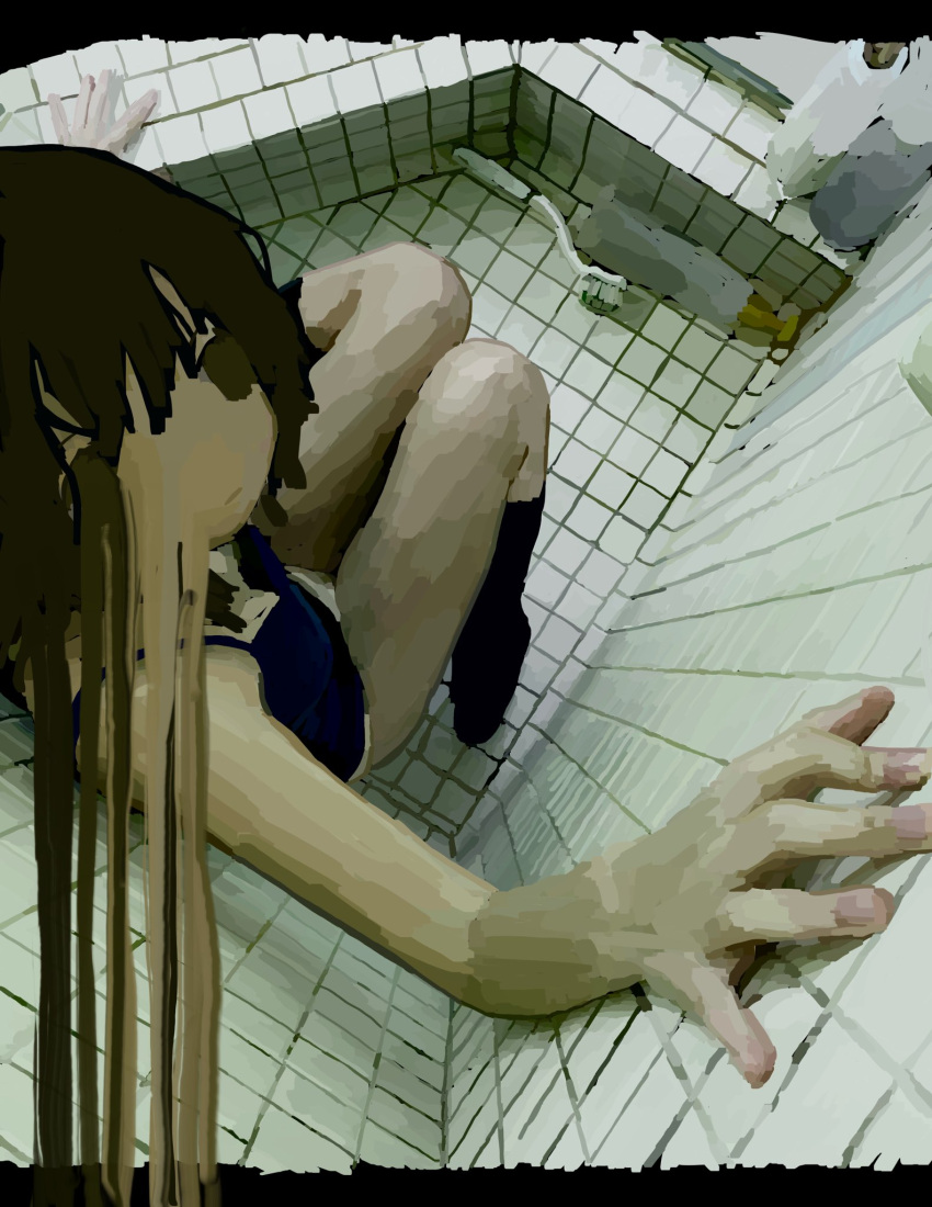 1girl abstract bathroom black_hair br3ad commentary foreshortening from_above head_tilt highres kneeling leaning_back looking_at_viewer original outstretched_arms short_hair solo surreal tile_floor tile_wall tiles underwear