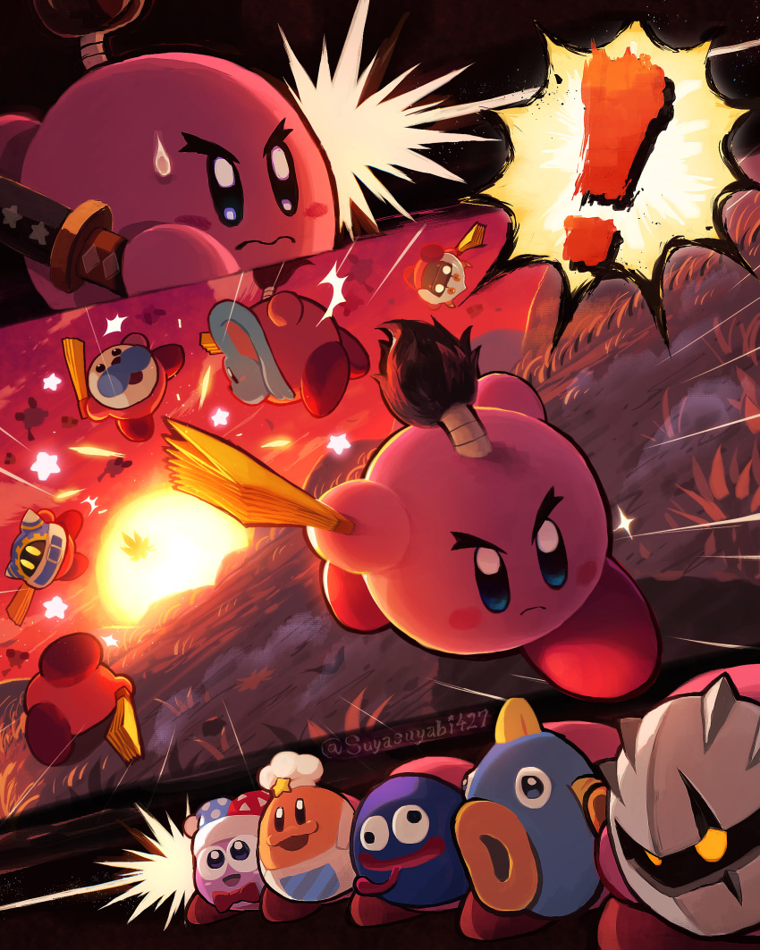 ! absurdres blush_stickers character_mask chef_kawasaki colored_skin dark_meta_knight elfilin gooey_(kirby) grass hand_fan highres kine_(kirby) kirby kirby's_return_to_dream_land_deluxe kirby_(series) magolor marx_(kirby) mask mr._frosty multiple_persona no_humans pink_skin sheath solid_oval_eyes sparkle star_(symbol) sun sunset suyasuyabi sweat taranza thick_eyebrows wavy_mouth