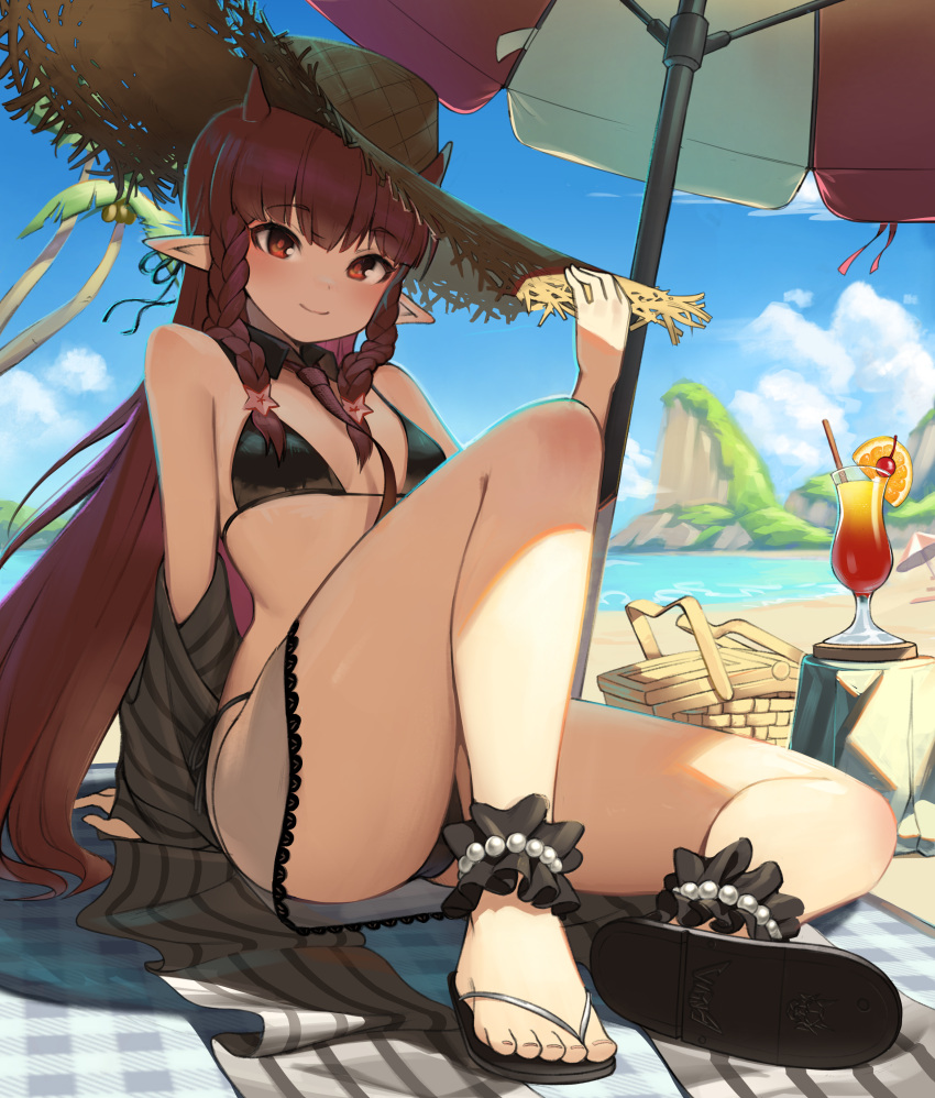 1girl absurdres anklet arknights bare_shoulders barefoot basket beach beach_umbrella bikini black_bikini blue_sky blunt_bangs braid breasts cherry closed_mouth cup day detached_collar drink drinking_glass food fruit full_body hair_ornament hand_on_headwear hat highres horns horns_through_headwear jewelry kamome0ningen legs long_hair looking_at_viewer necktie official_alternate_costume orange_(fruit) orange_slice outdoors pointy_ears red_eyes red_hair red_necktie see-through side-tie_bikini_bottom sitting sky small_breasts smile solo star_(symbol) star_hair_ornament straw_hat swimsuit twin_braids umbrella very_long_hair vigna_(arknights) vigna_(casual_vacation)_(arknights)