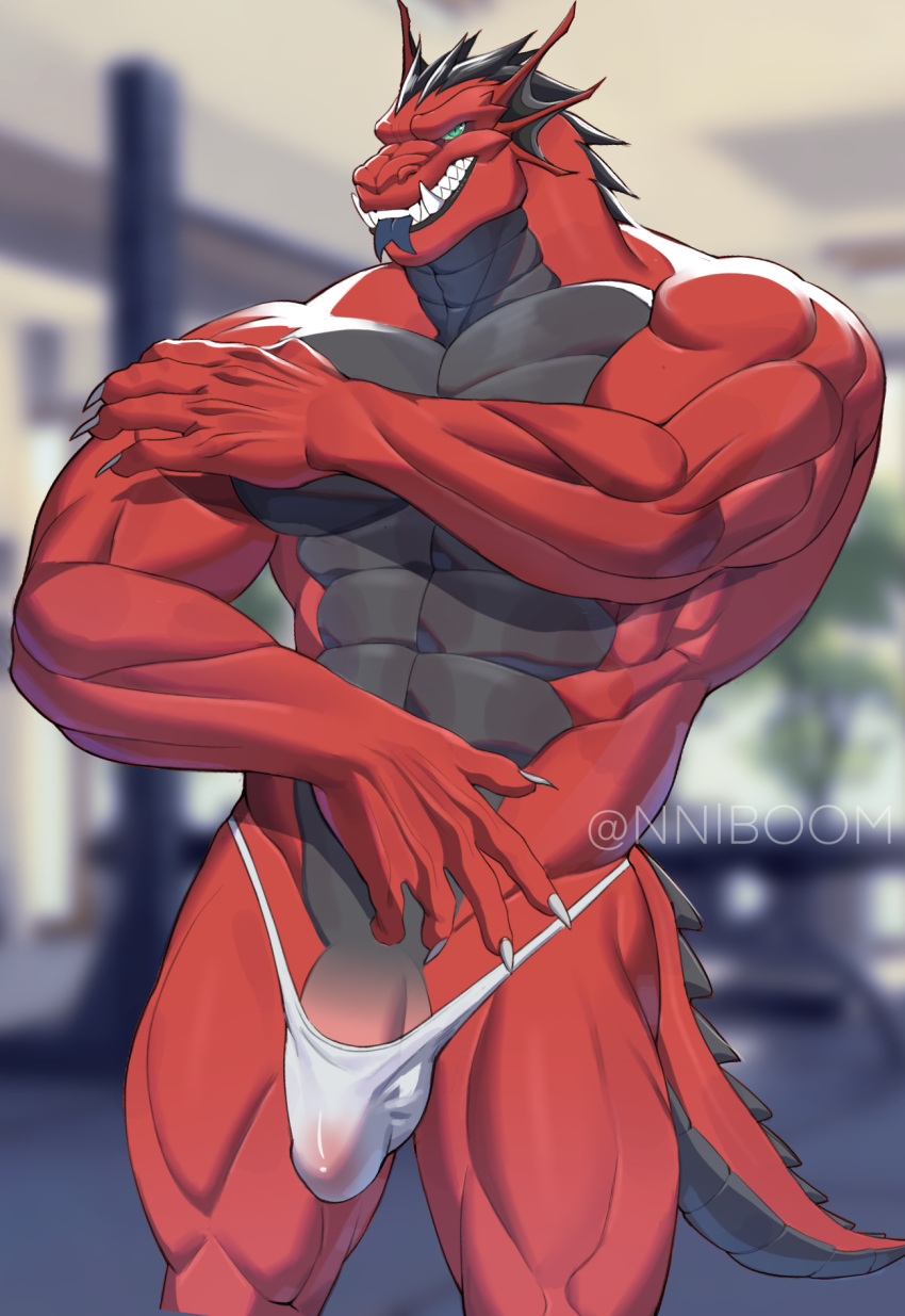 abs alexaboom anthro biceps black_body black_tongue bulge claws clothing dragon fangs fingers genital_outline genitals green_eyes hi_res inside looking_at_viewer male muscular muscular_anthro muscular_male muscular_thighs pecs penis penis_outline red_body solo spikes tail teeth thong tongue tongue_out triceps underwear white_clothing white_thong white_underwear