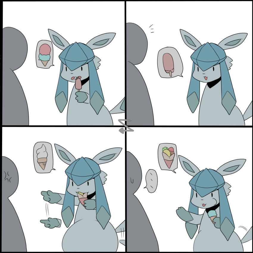 anthro biped blue_body bodily_fluids comic cross-popping_vein dessert duo eating eeveelution female food generation_4_pokemon glaceon grey_body hi_res ice_cream inumatori nintendo open_mouth pokemon pokemon_(species) simple_background simple_eyes speech_bubble sweat white_background