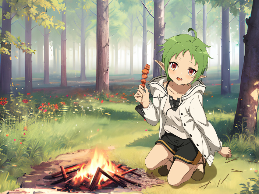 1girl absurdres ahoge black_shorts brown_footwear day elf fire food forest highres holding holding_food hood hooded_jacket jacket looking_at_viewer meitoku mushoku_tensei nature outdoors pointy_ears red_eyes shirt short_hair shorts solo sylphiette_(mushoku_tensei) tree white_jacket white_shirt wood