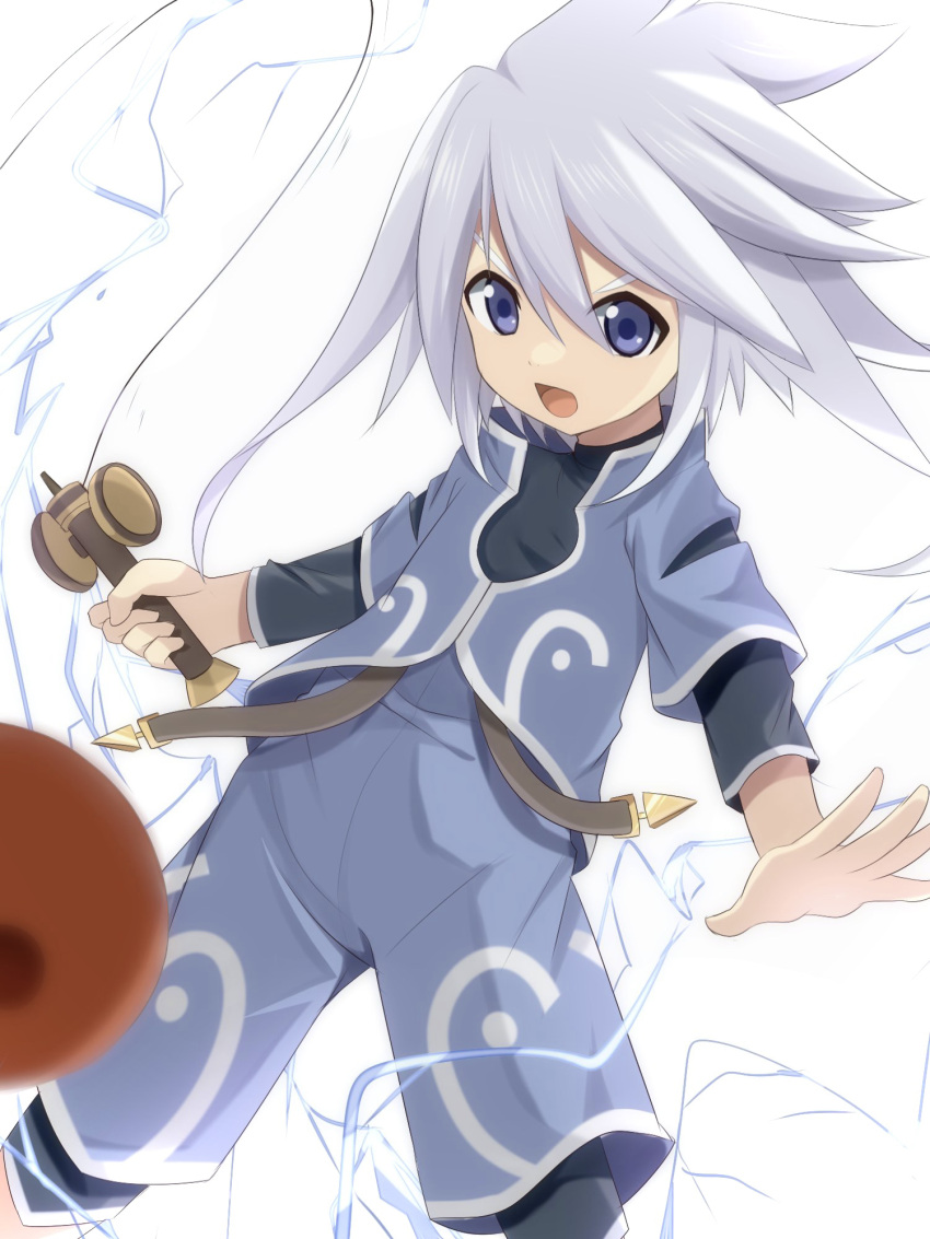 1boy big_hair black_shirt blue_eyes blue_jacket child determined electricity genis_sage grey_hair highres jacket kendama lightning long_sleeves male_child male_focus meranoreuka_(naokentak) open_mouth shirt short_hair short_hair_with_long_locks shorts solo tales_of_(series) tales_of_symphonia white_background