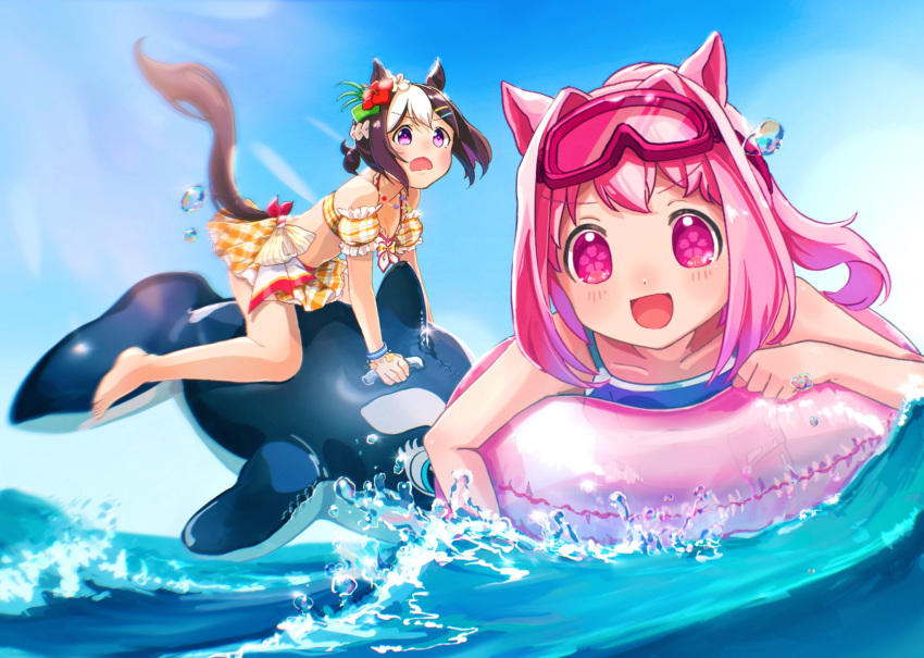 2girls animal_ears arm_garter barefoot bikini bikini_skirt blurry blush breasts brown_hair cleavage day depth_of_field flower goggles goggles_on_head hair_flower hair_ornament haru_urara_(umamusume) hibiscus highres horse_ears horse_girl horse_tail inflatable_toy innertube jewelry moko39_takasora multicolored_hair multiple_girls necklace ocean open_mouth outdoors pink_eyes pink_hair plaid plaid_bikini ponytail purple_eyes short_ponytail small_breasts smile special_week_(hopping_vitamin_heart)_(umamusume) special_week_(umamusume) swimsuit symbol-shaped_pupils tail tracen_swimsuit two-tone_hair umamusume water yellow_bikini