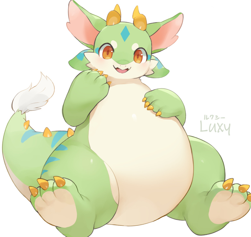 absurd_res ambiguous_gender belly big_belly big_ears blue_markings blush cheek_tuft claws countershading cute_fangs dragon erumeruta facial_tuft feral full-length_portrait fur furred_dragon glistening green_body hand_on_chest hi_res horn luxy_(erumeruta) markings multicolored_body open_mouth open_smile orange_eyes paws portrait simple_background sitting smile solo striped_markings stripes tail tail_tuft tan_body thick_thighs tuft two_tone_body white_body white_fur yellow_claws yellow_horn