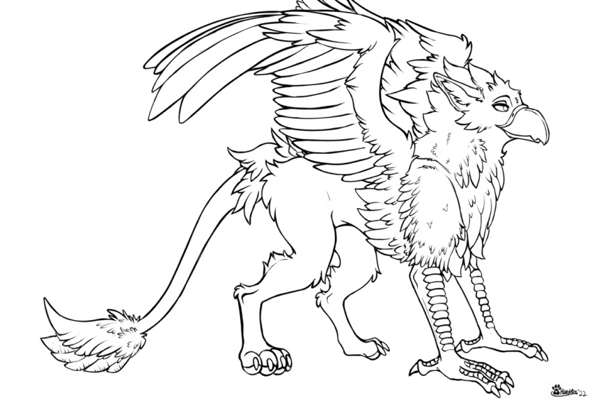 2022 all_fours avian beak canid canine canis claws clothed clothing ears_back feathers feral fur gryphon hybrid inner_ear_fluff male mammal marcushunter mythological_avian mythology nude paws pivoted_ears signature smile solo tail tail_tuft tuft wings wolf