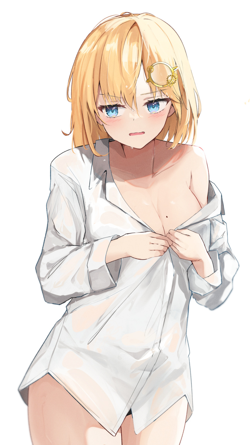 1girl black_panties blonde_hair blue_eyes blush breasts cleavage collarbone hair_ornament highres hololive hololive_english large_breasts medium_hair mole mole_on_breast monocle_hair_ornament panties shirt shuuzo3 simple_background single_bare_shoulder solo thighs underwear undressing virtual_youtuber watson_amelia white_background white_shirt