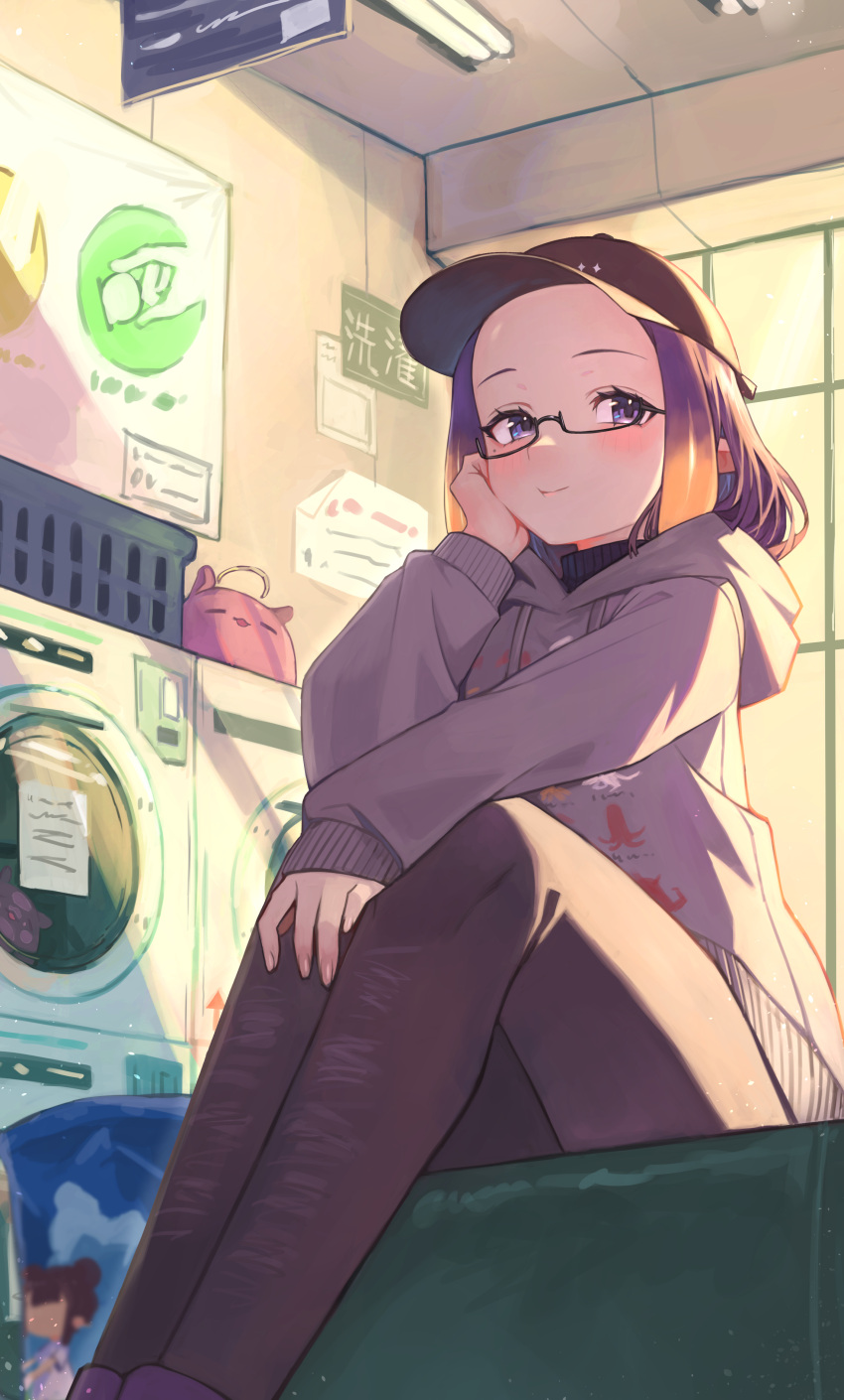 1girl absurdres baseball_cap basket black-framed_eyewear black_pantyhose casual closed_mouth fingernails hat highres hololive hololive_english hood hoodie kiwwwwwi laundromat laundry_basket light_smile ninomae_ina'nis pantyhose poster_(object) purple_eyes purple_hair sitting solo_focus sunlight takodachi_(ninomae_ina'nis) tentacle_hair virtual_youtuber