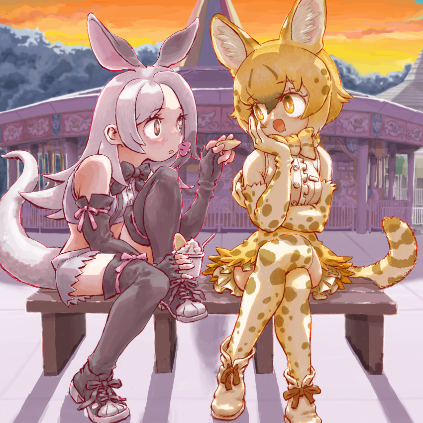 2girls aardvark_(kemono_friends) absurdres animal_ears bara_bara_(pop_pop) blonde_hair bow bowtie elbow_gloves extra_ears gloves grey_eyes grey_hair highres kemono_friends kneehighs long_hair multiple_girls serval_(ex4)_(kemono_friends) shirt shoes short_hair shorts skirt sleeveless sleeveless_shirt socks tail yellow_eyes