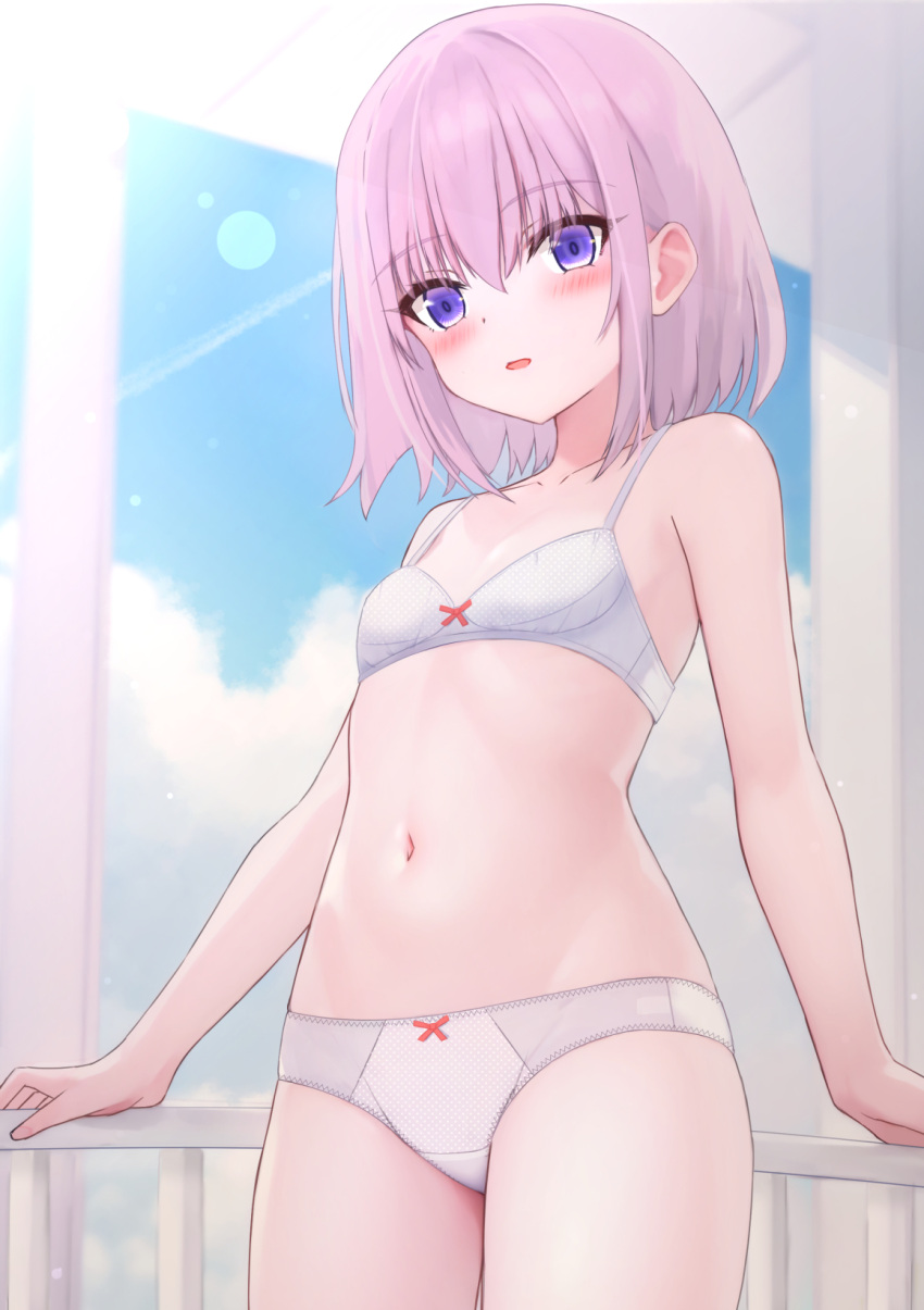 1girl :o blue_sky blurry blurry_foreground blush bow bow_bra bow_panties bra breasts cloud cloudy_sky cowboy_shot crotch_seam day depth_of_field highres lens_flare looking_at_viewer navel open_mouth original panties pink_hair purple_eyes railing shooko short_hair sky small_breasts solo standing underwear underwear_only white_bra white_panties