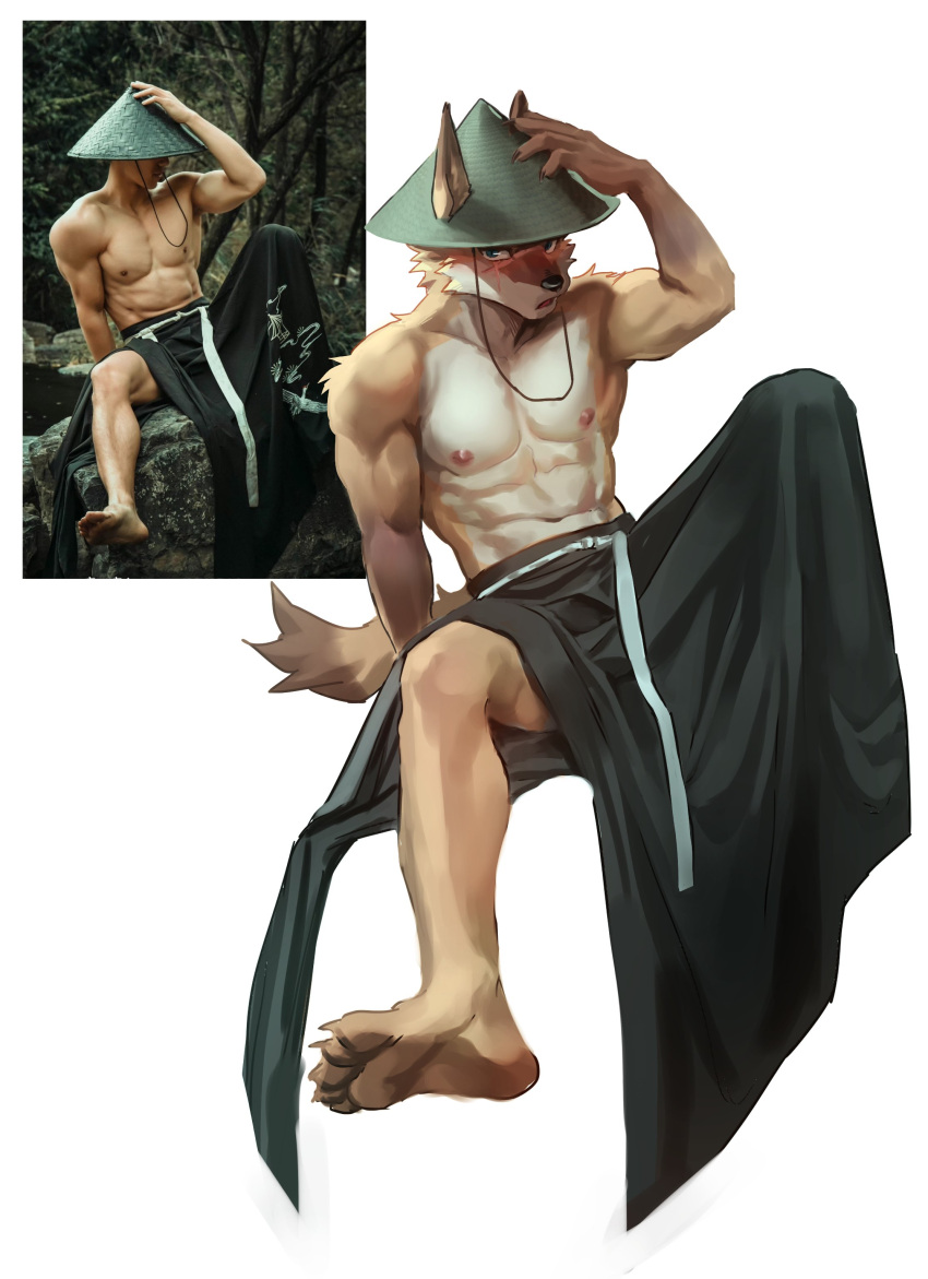 abs absurd_res anthro asian_clothing blush canid canine clothed clothing east_asian_clothing fox hi_res human japanese_clothing male mammal manadezimon muscular muscular_male real solo topless