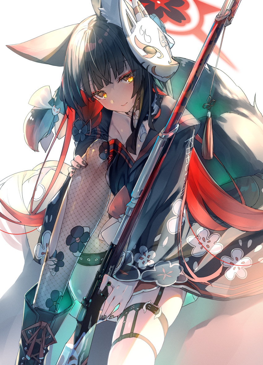 1girl animal_ear_fluff animal_ears arisaka bayonet black_choker black_hair black_kimono blue_archive blunt_bangs blunt_ends bolt_action boots bow choker closed_mouth colored_inner_hair commentary_request floral_print fox_ears fox_mask fox_tail gun hair_ornament halo highres holding japanese_clothes kimono leg_up long_hair long_sleeves looking_at_viewer mask mask_on_head miniskirt multicolored_hair print_kimono red_hair rifle shiro_youduki simple_background single_thighhigh sitting skirt solo tail tail_bow tail_ornament tassel thigh_strap thighhighs two-tone_hair wakamo_(blue_archive) weapon white_background wide_sleeves yellow_eyes