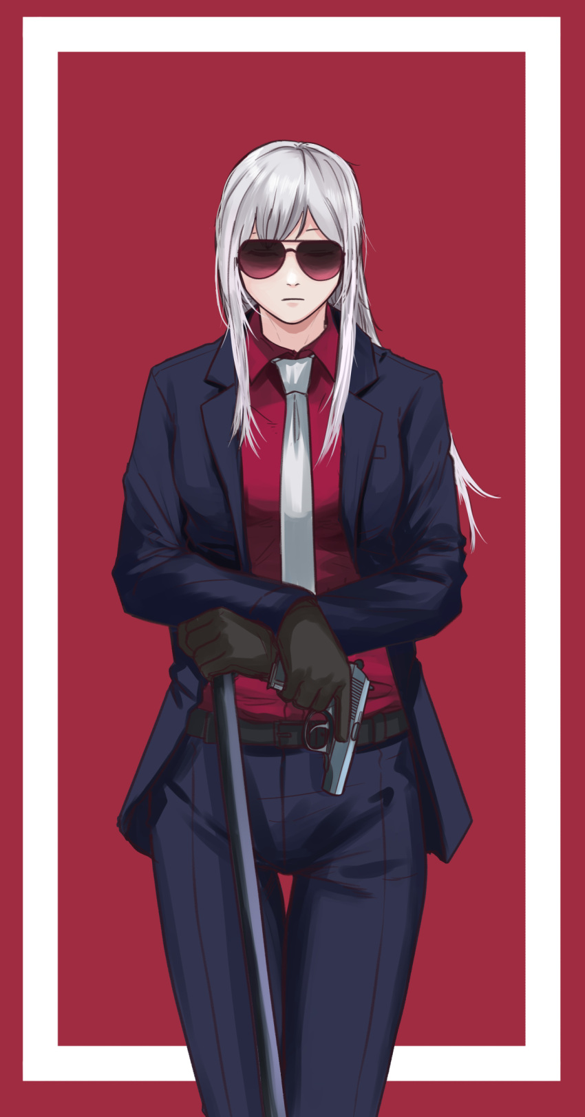 ak-12_(girls'_frontline) belt black_belt black_gloves black_jacket black_pants cane closed_eyes closed_mouth commentary cowboy_shot crossed_arms english_commentary girls'_frontline gloves grey_hair gun handgun highres holding holding_cane holding_gun holding_weapon jacket long_hair necktie open_clothes open_jacket pants parabellum red_background red_shirt shirt simple_background sunglasses two-tone_background walther walther_ppk weapon white_background white_necktie