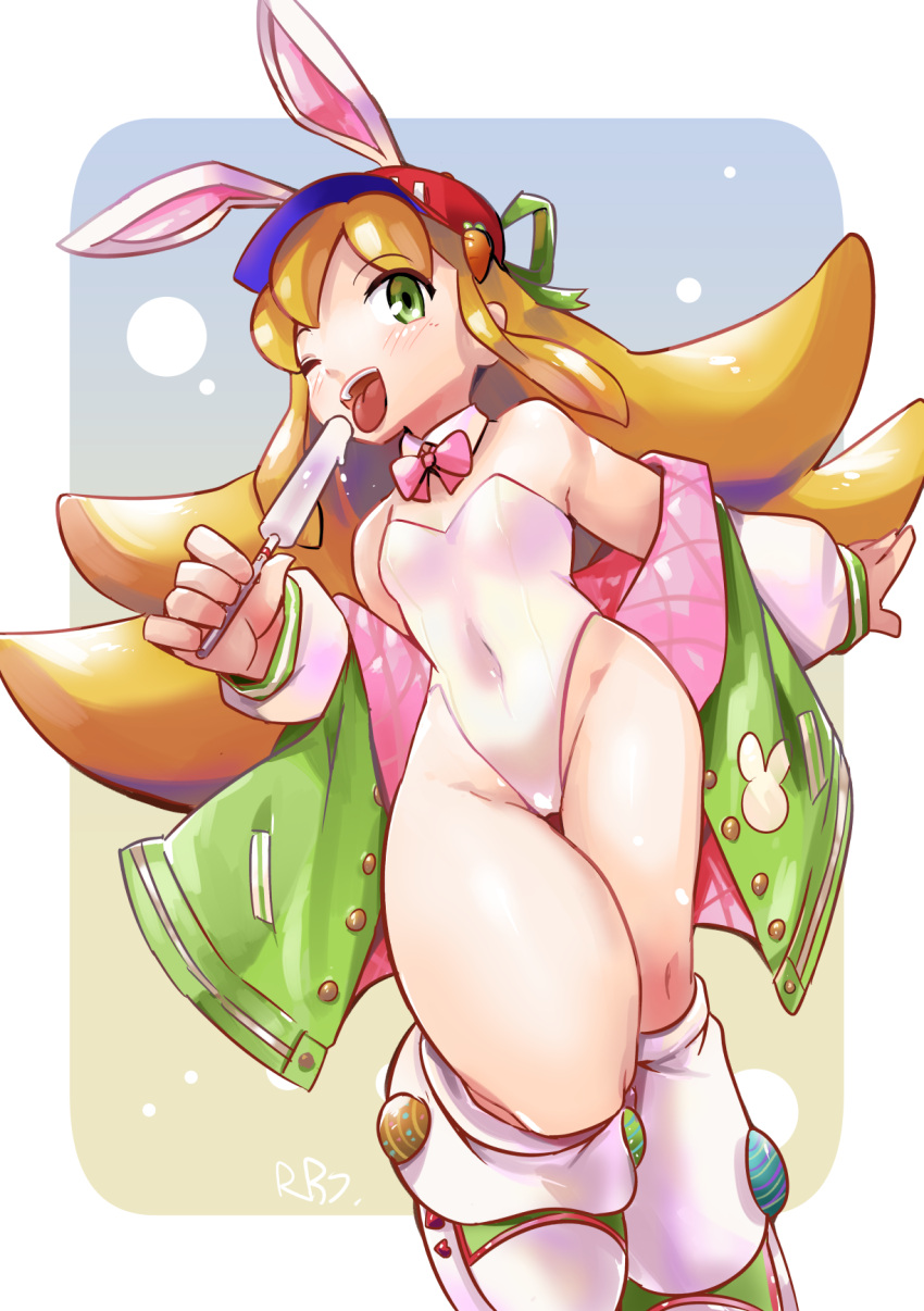 1girl ;d animal_ears arm_behind_back baseball_cap blonde_hair bow bowtie breasts buttons carrot covered_navel detached_collar easter_egg egg flipped_hair food green_eyes green_footwear green_ribbon hat heart highleg highleg_leotard highres holding holding_food holding_popsicle jacket kneehighs leg_up leotard letterman_jacket long_sleeves loose_socks mega_man_(series) mega_man_x_(series) mega_man_x_dive one_eye_closed open_clothes open_jacket open_mouth pink_bow pink_bowtie popsicle puffy_long_sleeves puffy_sleeves rabbit_ears red_headwear ribbon robojanai roll_(mega_man) sidelocks small_breasts smile socks solo standing standing_on_one_leg strapless strapless_leotard teeth thigh_gap thighs two-tone_footwear upper_teeth_only white_footwear white_leotard white_socks