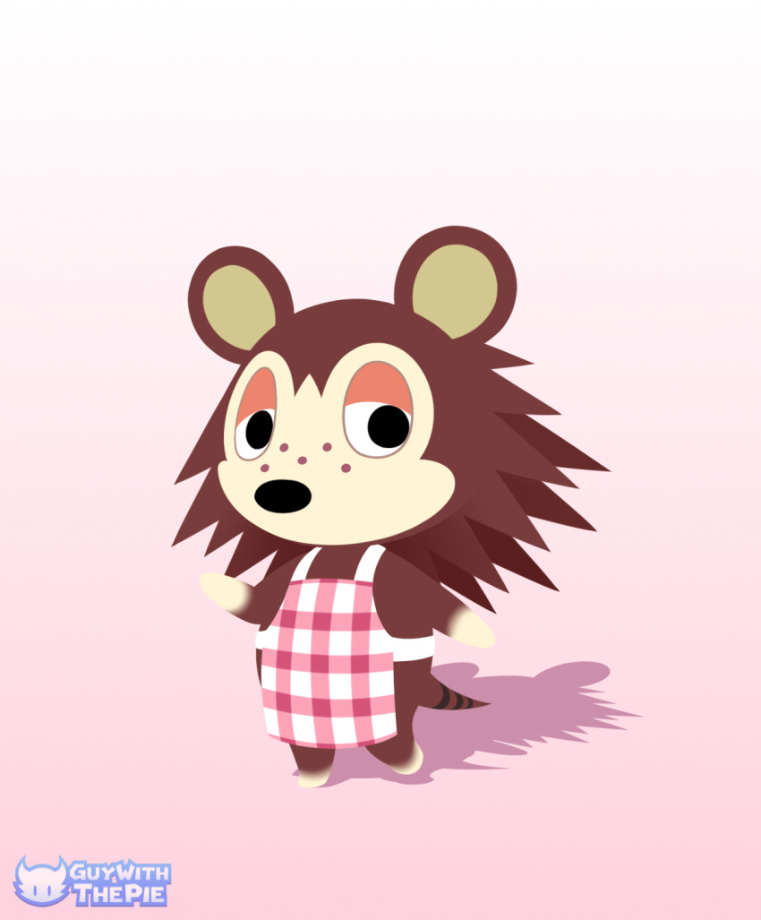 2023 animal_crossing anthro apron apron_only brown_body clothing eulipotyphlan female freckles_on_face guywiththepie hedgehog hi_res lidded_eyes looking_at_viewer mammal mostly_nude nintendo pink_background red_apron sable_able simple_background solo