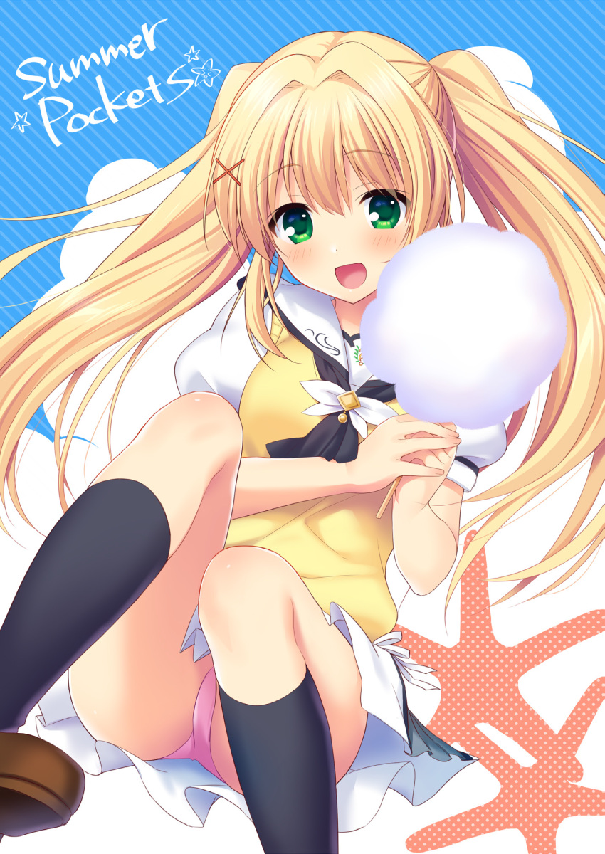 1girl :d ascot black_ascot black_socks blonde_hair blue_background blush breasts brown_footwear candy commentary copyright_name cotton_candy eyes_visible_through_hair feet_out_of_frame floating_hair food fuyuichi green_eyes hair_between_eyes hair_intakes hair_ornament hands_up happy highres holding holding_candy holding_food kneehighs knees_up long_hair looking_at_viewer miniskirt non-web_source open_mouth own_hands_together panties pink_panties puffy_short_sleeves puffy_sleeves ribbon sailor_collar school_uniform shirt short_sleeves sidelocks simple_background sitting skirt small_breasts smile socks solo star_(symbol) straight_hair summer_pockets sweater_vest tareme thighs tsumugi_wenders twintails two-tone_background underwear white_background white_ribbon white_sailor_collar white_shirt white_skirt x_hair_ornament yellow_sweater_vest