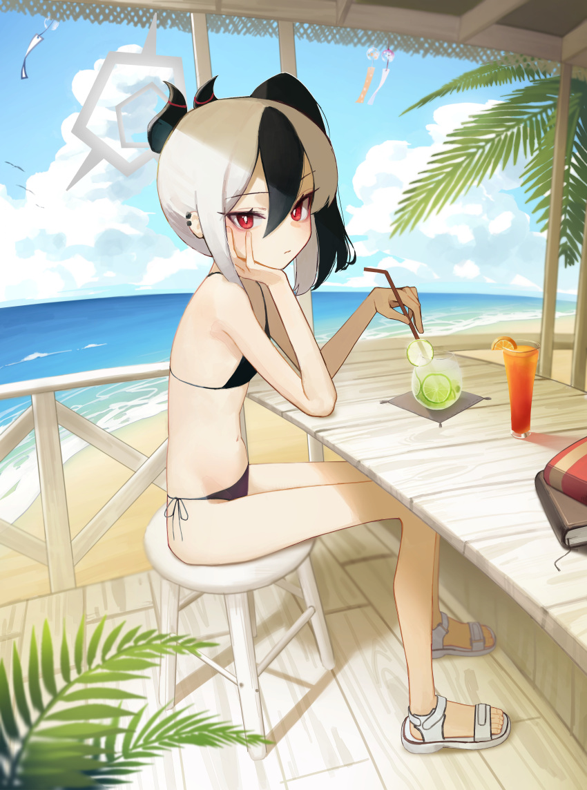 1girl absurdres alternate_costume bikini black_bikini black_hair blue_archive blush bright_pupils cocktail_glass cup demon_horns drinking_glass drinking_straw earclip flat_chest hair_between_eyes halo halterneck hand_on_own_cheek hand_on_own_face highres holding holding_drinking_straw horns kayoko_(blue_archive) looking_at_viewer looking_to_the_side multicolored_hair navel palm_leaf petite sandals side-tie_bikini_bottom side_ponytail sitting solo streaked_hair string_bikini swimsuit white_hair yoon_cook