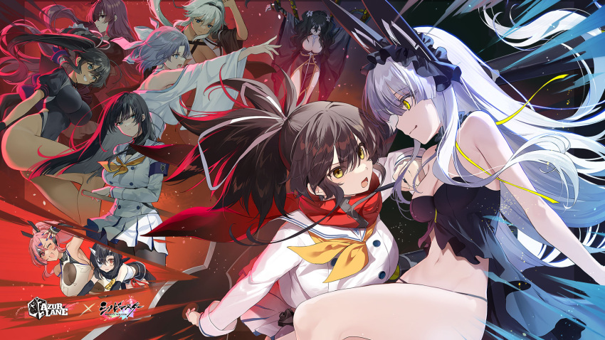 artist_request asuka_(senran_kagura) azur_lane breasts brown_eyes brown_hair character_request cleavage collaboration commentary copyright_name dark-skinned_female dark_skin fingernails fubuki_(senran_kagura) grey_hair hairband hand_up highres holding homura_(senran_kagura) ikaruga_(senran_kagura) japanese_clothes kimono large_breasts leotard logo long_hair long_sleeves mask medium_breasts multiple_girls nail_polish navel neckerchief official_art one_eye_closed open_mouth pantyhose parted_lips pink_hair pleated_skirt ponytail red_eyes school_uniform senran_kagura senran_kagura_new_link shuriken simple_background skirt smile teeth thighs weapon white_hair wide_sleeves yumi_(senran_kagura) yuyaki_(senran_kagura)