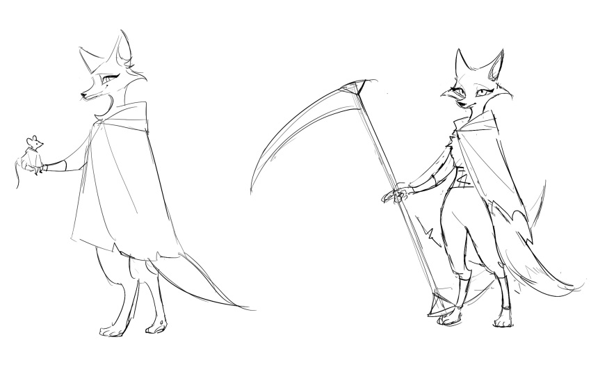 anthro armband armwear belt black_pupils canid canine cloak clothing dreamworks duo fan_character female fluffy fox hi_res holding_object holding_weapon long_tail male mammal mouse murid murine poncho prick_ears pupils puss_in_boots_(film) puss_in_boots_the_last_wish random_seafood rodent sitting size_difference sketch smile standing tail weapon