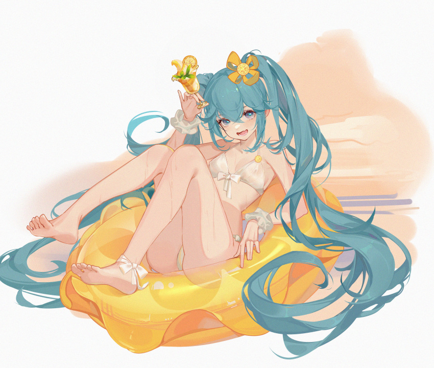 1girl absurdly_long_hair absurdres ankle_ribbon arm_at_side aryarwr bare_legs barefoot bikini blue_eyes blue_hair bow breasts cup dot_nose eyelashes food food-themed_hair_ornament fruit full_body gradient_background hair_between_eyes hair_bow hair_ornament hand_up hatsune_miku highres holding holding_cup ice_cream innertube knees_together_feet_apart leg_ribbon light_blue_hair long_hair looking_at_viewer lower_teeth_only mint narrow_waist on_innertube open_mouth orange_(fruit) orange_bow orange_hair_ornament orange_innertube orange_slice ribbon scrunchie sidelocks simple_background small_breasts smile soles solo swimsuit tareme teeth toes twintails very_long_hair vocaloid water_drop wavy_hair wet white_background white_bikini white_ribbon white_scrunchie wrist_scrunchie