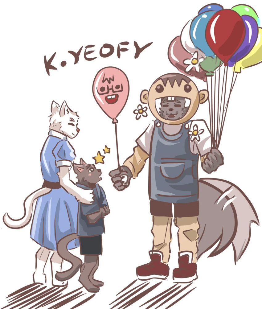 age_difference anthro barefoot bottomwear canid canine clothed clothing domestic_cat dress eyes_closed feet felid feline felis female flower footwear fully_clothed fursuit_head group hand_on_shoulder hi_res holding_balloon k-yeofy long_sleeve_shirt male mammal mascot_costume offering_to_another older_female older_male overalls pants plant reverse_furry shirt shoes shorts smile sneakers standing t-shirt tail tail_motion tailwag topwear trio young young_male younger_male