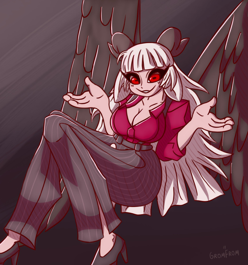 animal_ears animal_humanoid baphomet_(grizz46528570) big_breasts blush blush_lines bottomwear bovid bovid_humanoid breasts caprine caprine_humanoid cleavage clothed clothing demon demon_humanoid eyelashes feathered_wings feathers female floppy_ears footwear gesture goat_humanoid grey_background grey_body grey_bottomwear grey_clothing grey_feathers grey_footwear grey_horn grey_pants grey_shoes gromfrom hair helltaker hi_res horizontal_pupils horn huge_breasts humanoid long_hair looking_at_viewer lop_ears mammal mammal_humanoid pants pattern_bottomwear pattern_clothing pattern_pants pink_clothing pink_shirt pink_topwear pupils red_eyes shirt shoes shrug simple_background smile solo striped_bottomwear striped_clothing striped_pants stripes thick_thighs topwear white_hair wide_hips winged_humanoid wings