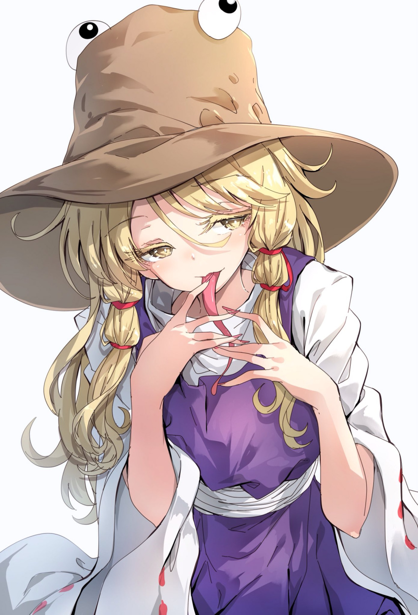1girl blonde_hair commentary_request darjeeling_(reley) fingernails hair_ribbon hat highres long_fingernails long_hair long_sleeves looking_at_viewer moriya_suwako open_mouth parted_bangs purple_skirt purple_vest revision ribbon sash shirt sidelocks simple_background skirt skirt_set sleeves_past_wrists smile solo tongue tongue_out touhou turtleneck vest white_background white_shirt wide_sleeves yellow_eyes