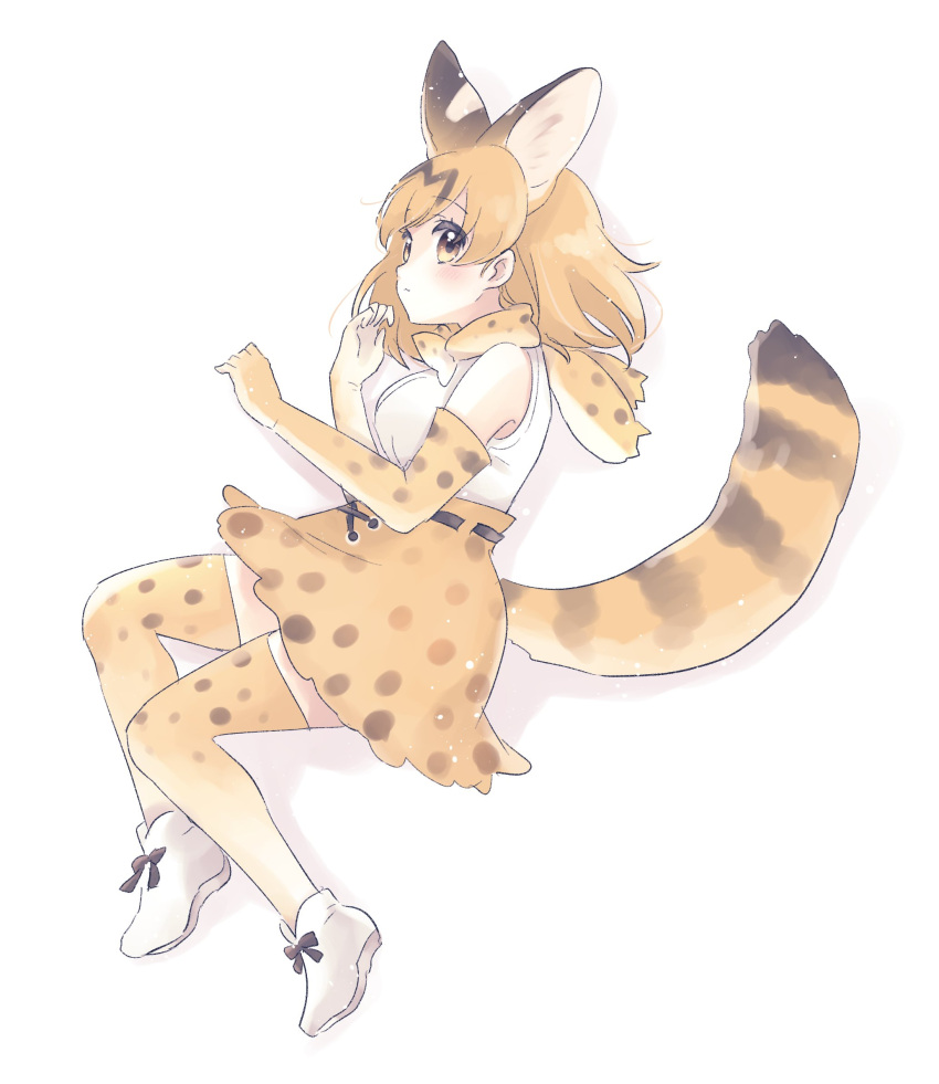 1girl animal_ears blonde_hair bow bowtie cat_ears cat_girl cat_tail elbow_gloves extra_ears gloves highres kemono_friends kneehighs kuromitsu_(9633_kmfr) looking_at_viewer serval_(kemono_friends) serval_print shirt shoes short_hair simple_background skirt sleeveless sleeveless_shirt socks solo tail yellow_eyes