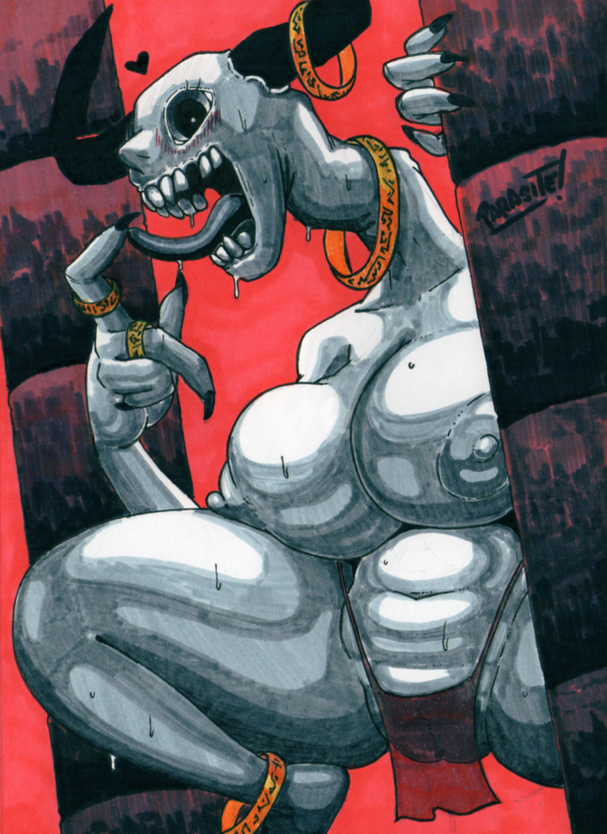 &lt;3 2023 2_horns absurd_res areola artist_name big_areola big_breasts blush bodily_fluids bottomwear breasts claws clothed clothing crouching curvy_figure demon demon_humanoid detailed_background eyelashes female fingers genitals grey_body grey_eyes grey_skin hi_res horn horned_humanoid huge_areola huge_breasts huge_thighs humanoid loincloth loincloth_only long_neck long_tongue looking_at_viewer mature_female mature_humanoid monster monstrous_humanoid mostly_nude navel nipples parasitedeath plump_labia pussy red_background ring_(jewelry) signature simple_background solo sweat thick_thighs tongue tongue_out topless traditional_media_(artwork) voluptuous wide_hips