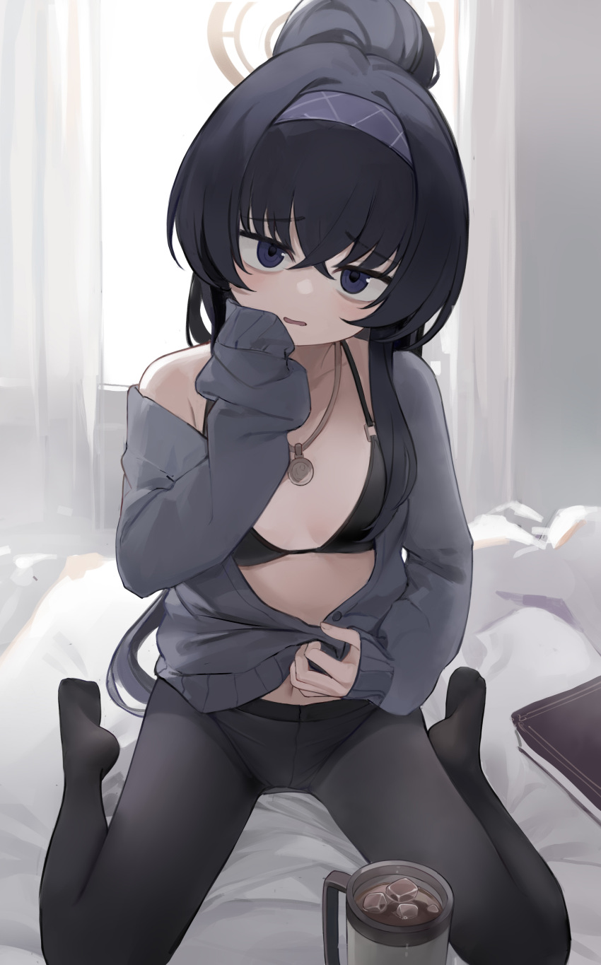 1girl absurdres bikini bikini_under_clothes black_bikini black_hair black_pantyhose blue_archive blue_eyes blue_hairband breasts collarbone crossed_bangs cup curtains eyelashes feet full_body grey_jacket hairband hand_up highres ice ice_cube indoors jacket jewelry legs long_hair looking_at_viewer nagata_gata navel necklace no_shoes on_bed pantyhose partially_unbuttoned sidelocks sitting sleeves_past_wrists small_breasts soles solo swimsuit thighs toes ui_(blue_archive) ui_(swimsuit)_(blue_archive) wariza wavy_mouth window